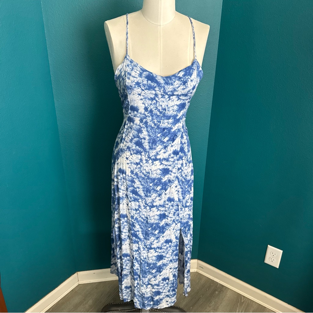 Blue And White Tie-Dye Spaghetti Strap Dress